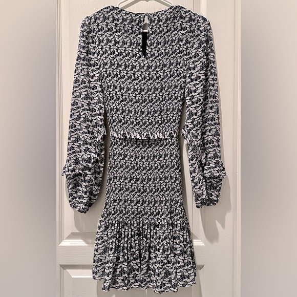 Boden Long Puff Sleeve Plisse’ Belted A-line Mini Dress French Navy Poppy Vine - Picture 7 of 12